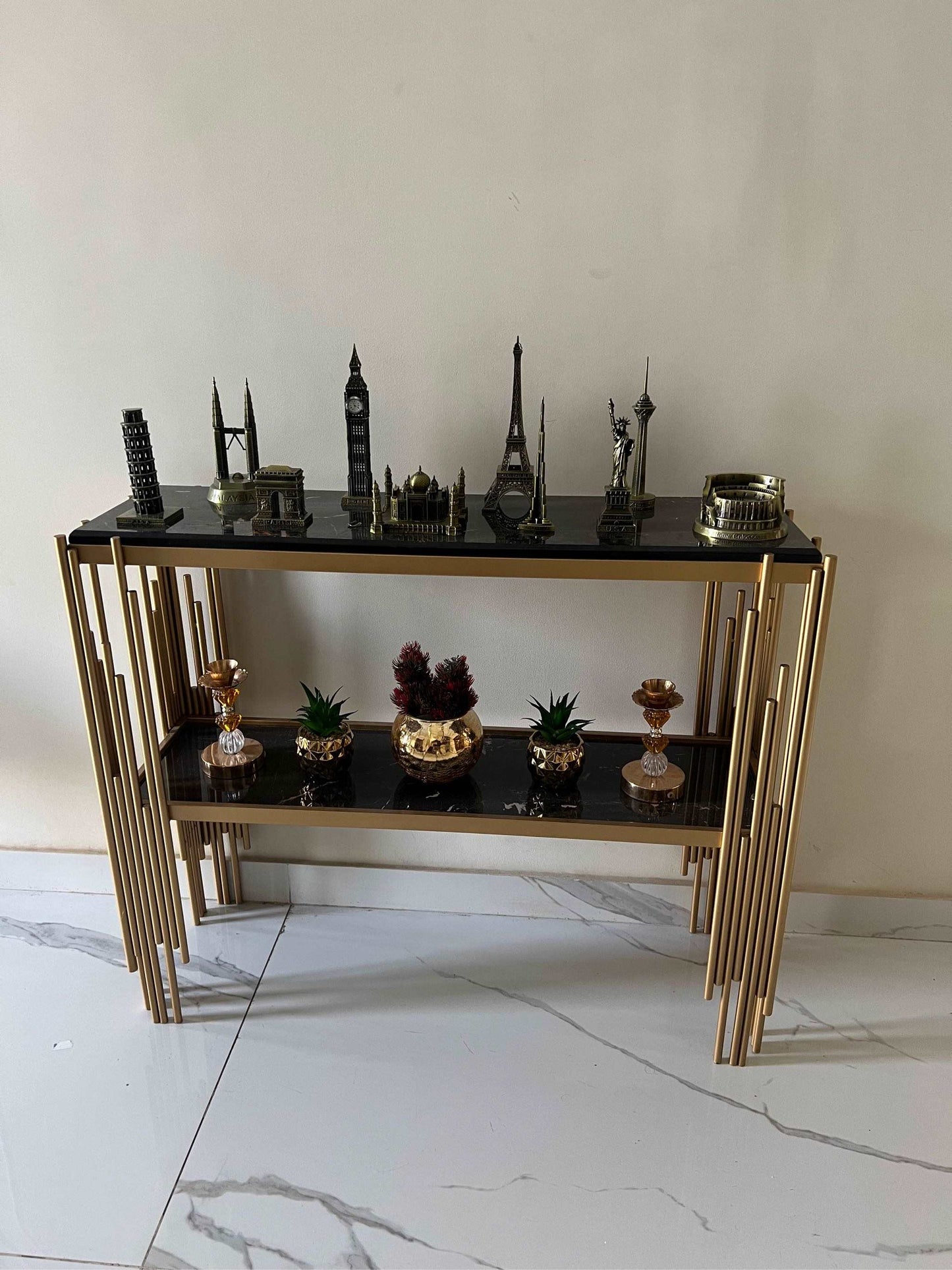 Luxury Entryway Table Gold Legs Rectangle Narrow Glass Console Table SF Traders