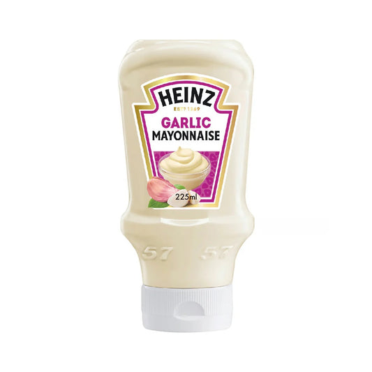A bottle of Heinz Real Garlic Mayonnaise with a label showing the brand name, product name, and volume 225ml.