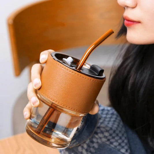 450ml coffee Glass Mug with straw, Lid & Leather sleeve, Leather Sleeve With Protective Leather Sleeve, Reusable Glass Coffee Tumbler SF Traders