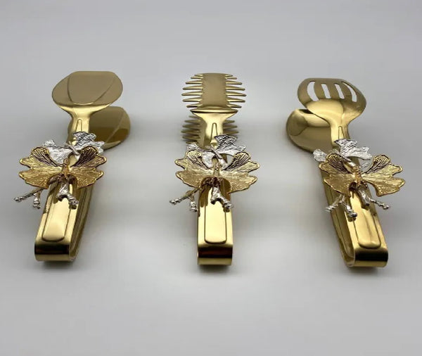 Butterfly Accessories Gold Metal Salad, Pasta, Cake Serving, Presentation, Food, Tongs Set of 3