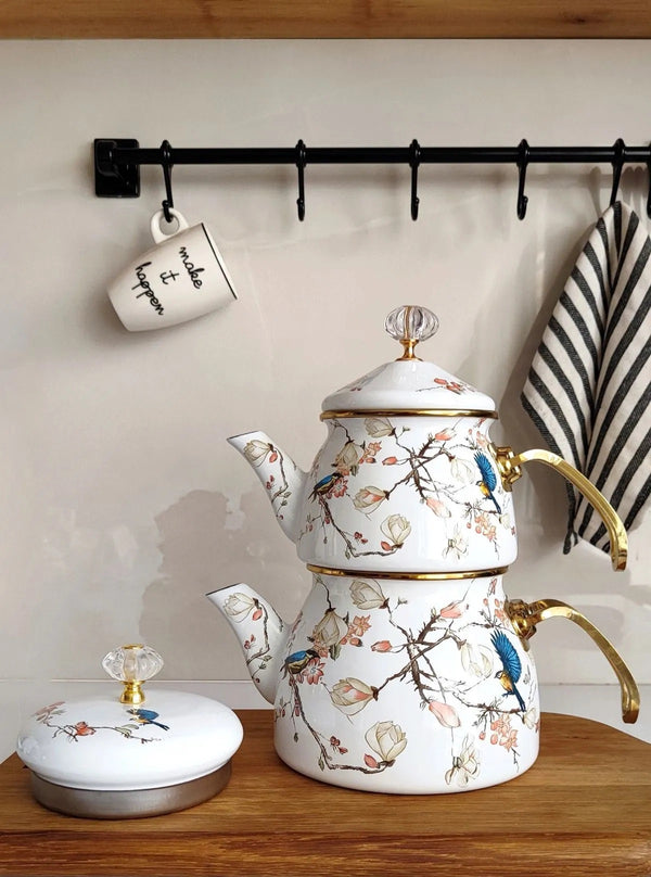 Double Cover Parrot Enamel Teapot Set, Gold Handle Enamel Teapot